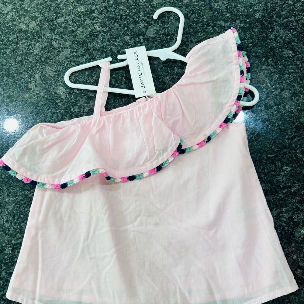 Janie and Jack Light Pink Ruffle Tank Top with Multicolor Pom Trim